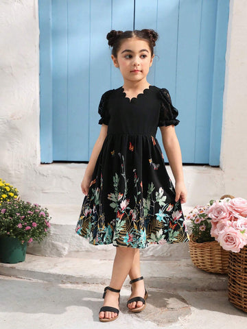 Young Girl Butterfly Printed Splicing Lace Short Sleeve Dress