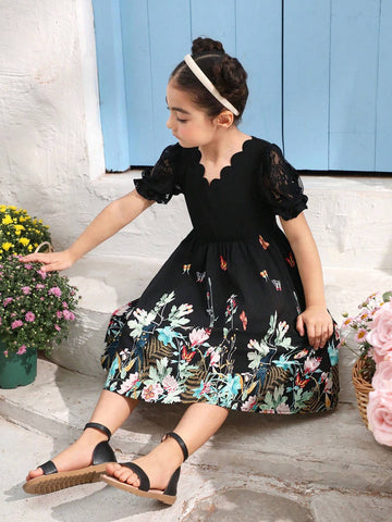 Young Girl Butterfly Printed Splicing Lace Short Sleeve Dress