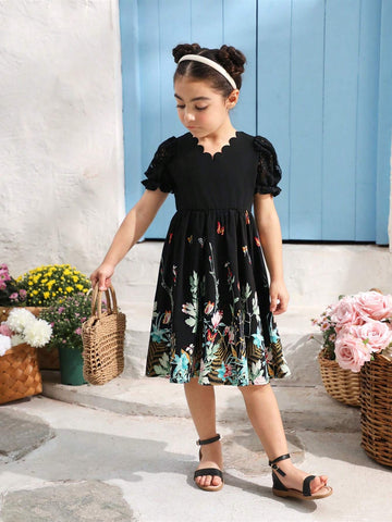 Young Girl Butterfly Printed Splicing Lace Short Sleeve Dress