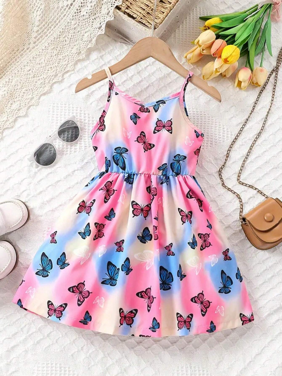 Young Girl Butterfly Printed Strapless Waist-Tie Dress, Spring/Summer/Autumn