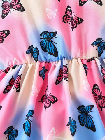 Young Girl Butterfly Printed Strapless Waist-Tie Dress, Spring/Summer/Autumn