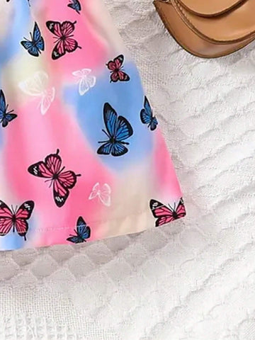 Young Girl Butterfly Printed Strapless Waist-Tie Dress, Spring/Summer/Autumn