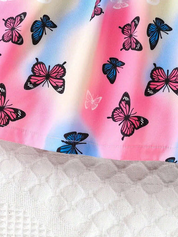 Young Girl Butterfly Printed Strapless Waist-Tie Dress, Spring/Summer/Autumn