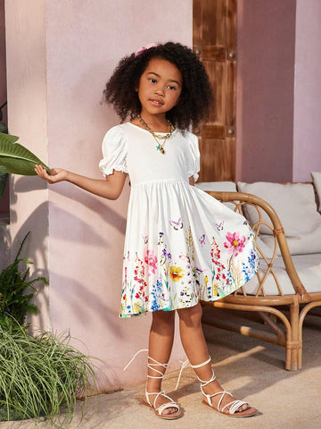 Young Girl Butterfly & Flower Print Comfortable Dress