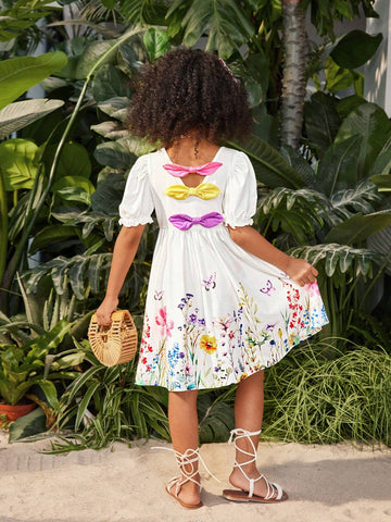 Young Girl Butterfly & Flower Print Comfortable Dress