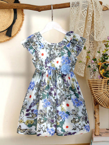 Young Girl Butterfly & Flower Print Ruffle Hemline 3D Floral Decor Dress