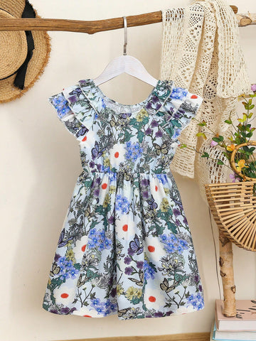 Young Girl Butterfly & Flower Print Ruffle Hemline 3D Floral Decor Dress
