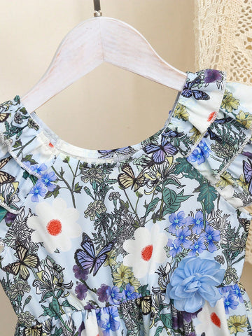 Young Girl Butterfly & Flower Print Ruffle Hemline 3D Floral Decor Dress