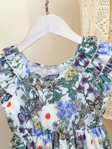 Young Girl Butterfly & Flower Print Ruffle Hemline 3D Floral Decor Dress