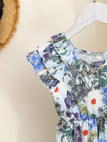 Young Girl Butterfly & Flower Print Ruffle Hemline 3D Floral Decor Dress