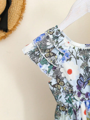 Young Girl Butterfly & Flower Print Ruffle Hemline 3D Floral Decor Dress