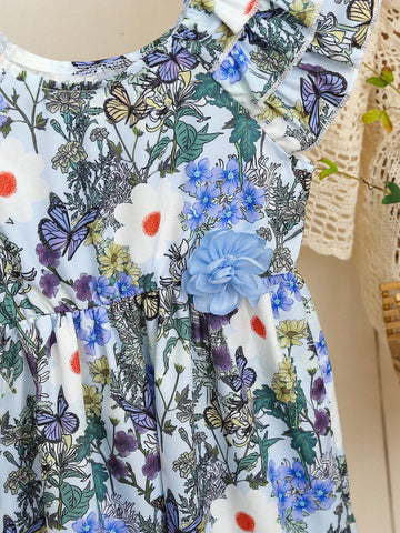 Young Girl Butterfly & Flower Print Ruffle Hemline 3D Floral Decor Dress