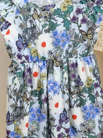 Young Girl Butterfly & Flower Print Ruffle Hemline 3D Floral Decor Dress