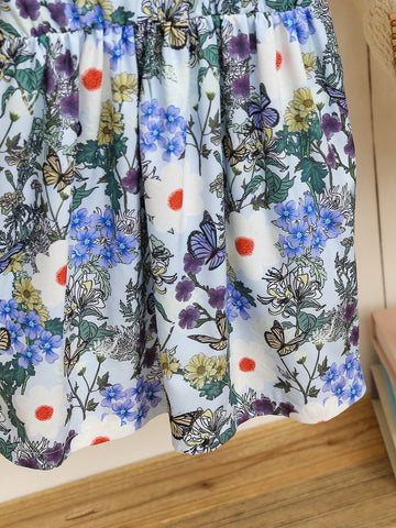 Young Girl Butterfly & Flower Print Ruffle Hemline 3D Floral Decor Dress