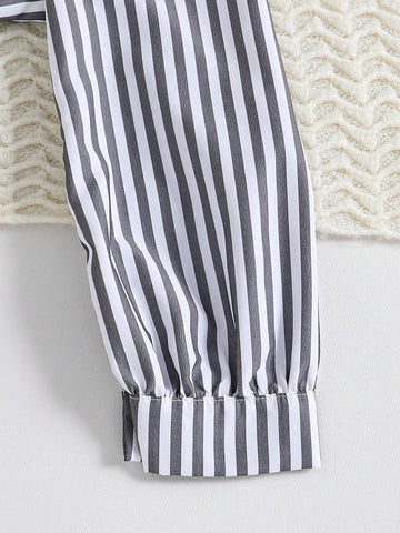 Young Girl Buttoned Long Sleeve Fashion Casual Striped Collared Bow-Tie Belt Shirt Dress