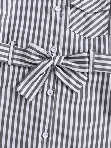 Young Girl Buttoned Long Sleeve Fashion Casual Striped Collared Bow-Tie Belt Shirt Dress