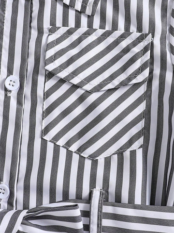 Young Girl Buttoned Long Sleeve Fashion Casual Striped Collared Bow-Tie Belt Shirt Dress