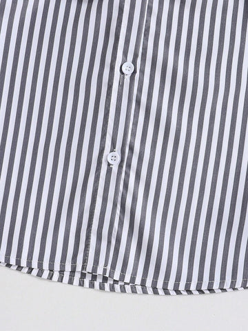 Young Girl Buttoned Long Sleeve Fashion Casual Striped Collared Bow-Tie Belt Shirt Dress