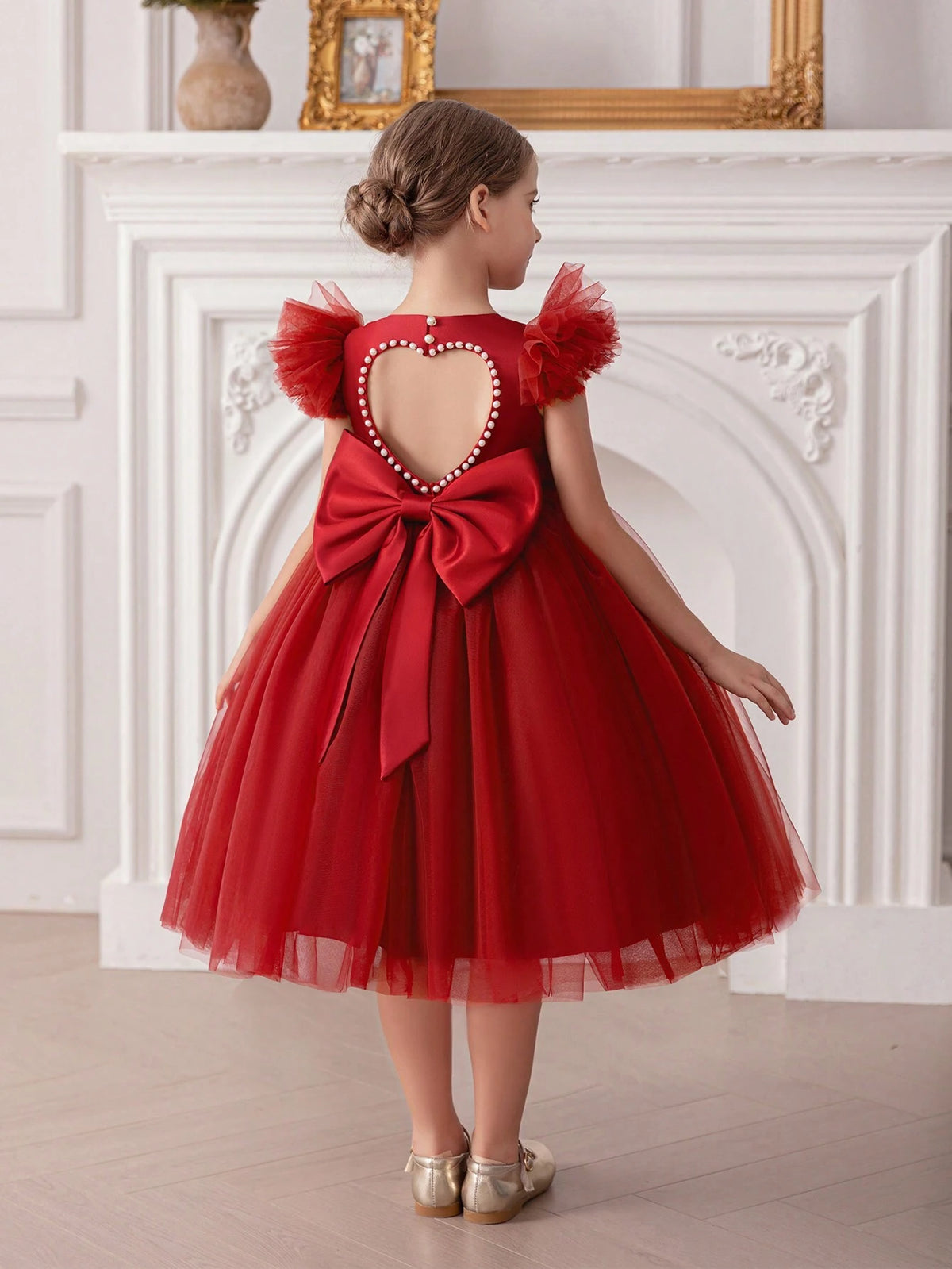 Young Girl Cap Sleeve Bow Tulle Decorated Princess Dress, Suitable For Birthday Party, Wedding, Ceremony, Holiday Occasions
