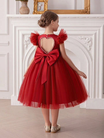 Young Girl Cap Sleeve Bow Tulle Decorated Princess Dress, Suitable For Birthday Party, Wedding, Ceremony, Holiday Occasions