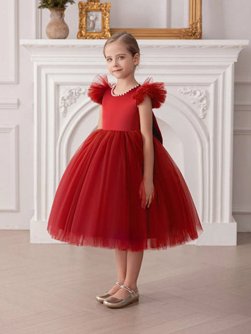 Young Girl Cap Sleeve Bow Tulle Decorated Princess Dress, Suitable For Birthday Party, Wedding, Ceremony, Holiday Occasions