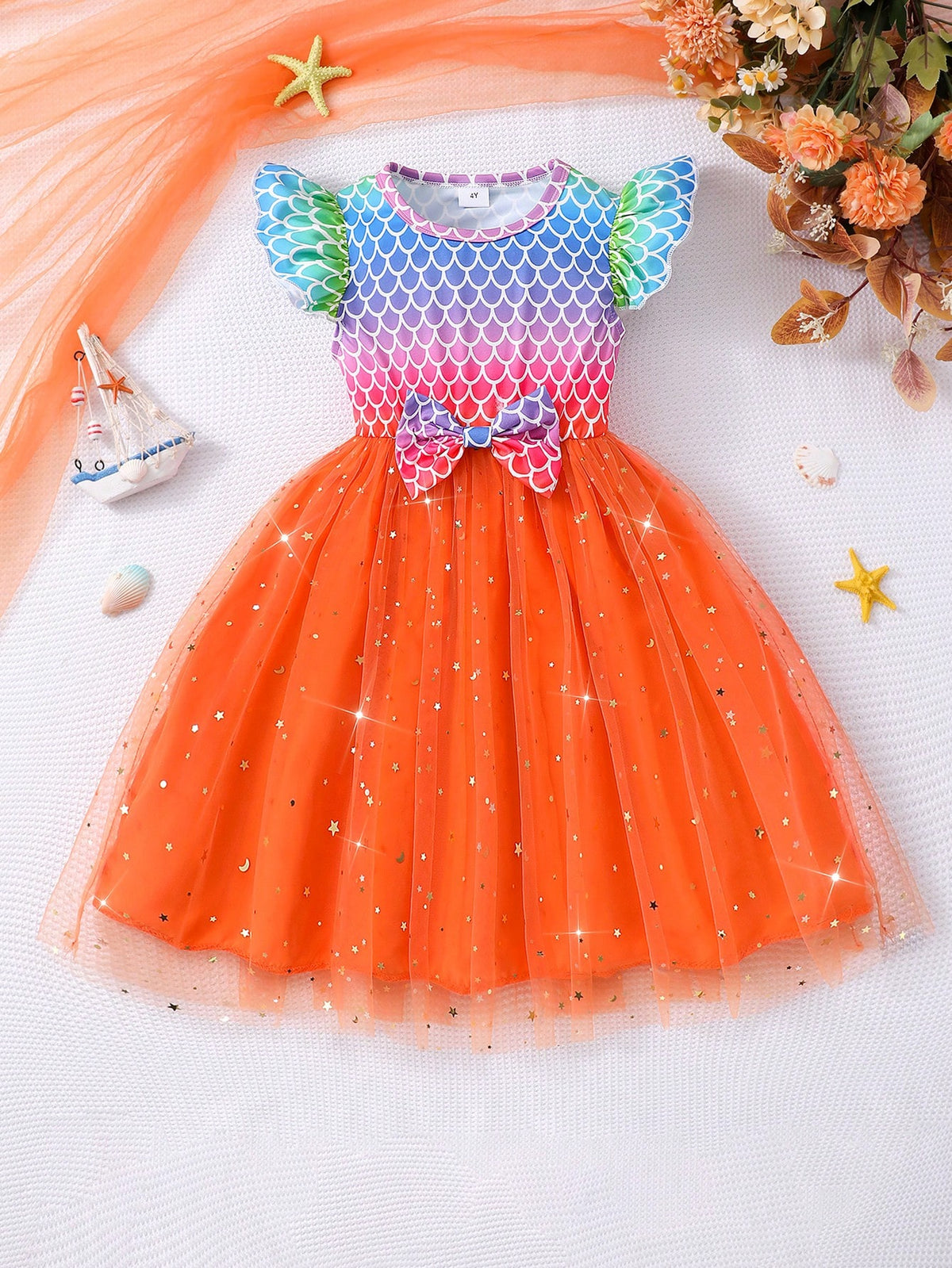 Young Girl' Cap Sleeve Fish Scale Print Bow Decor Mesh Cute Dress