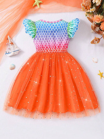 Young Girl' Cap Sleeve Fish Scale Print Bow Decor Mesh Cute Dress