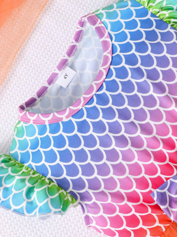 Young Girl' Cap Sleeve Fish Scale Print Bow Decor Mesh Cute Dress