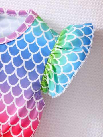Young Girl' Cap Sleeve Fish Scale Print Bow Decor Mesh Cute Dress