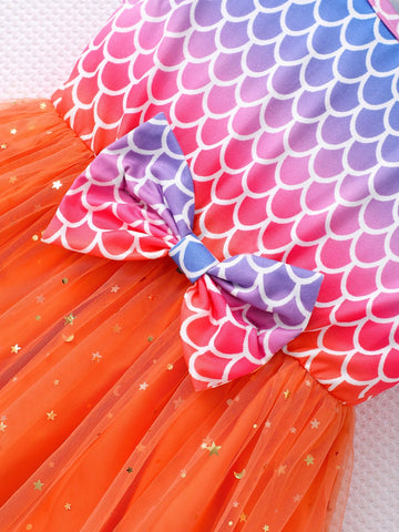 Young Girl' Cap Sleeve Fish Scale Print Bow Decor Mesh Cute Dress