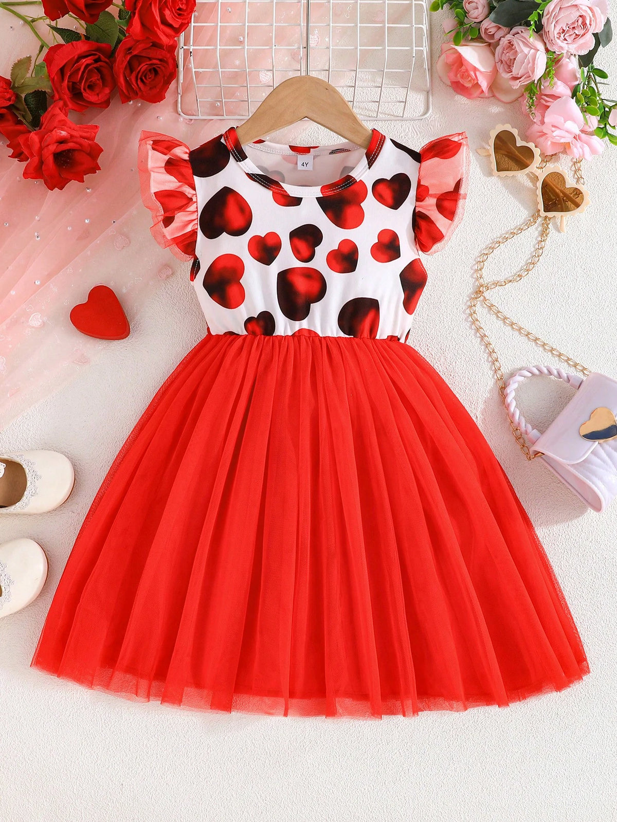 Young Girl' Cap Sleeve Heart Pattern Fluffy Mesh Princess Dress, Spring/Summer, Suitable For Valentine's Day