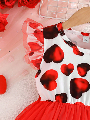Young Girl' Cap Sleeve Heart Pattern Fluffy Mesh Princess Dress, Spring/Summer, Suitable For Valentine's Day