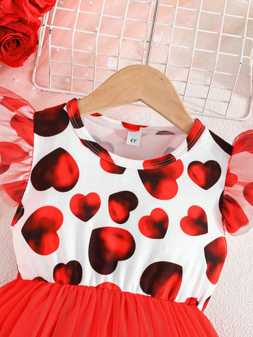 Young Girl' Cap Sleeve Heart Pattern Fluffy Mesh Princess Dress, Spring/Summer, Suitable For Valentine's Day