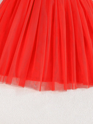 Young Girl' Cap Sleeve Heart Pattern Fluffy Mesh Princess Dress, Spring/Summer, Suitable For Valentine's Day