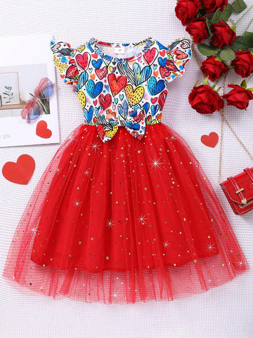 Young Girl' Cap Sleeve Heart Print Bow Decor Mesh Cute Dress