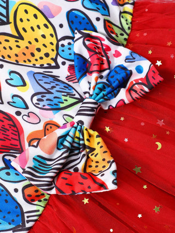 Young Girl' Cap Sleeve Heart Print Bow Decor Mesh Cute Dress
