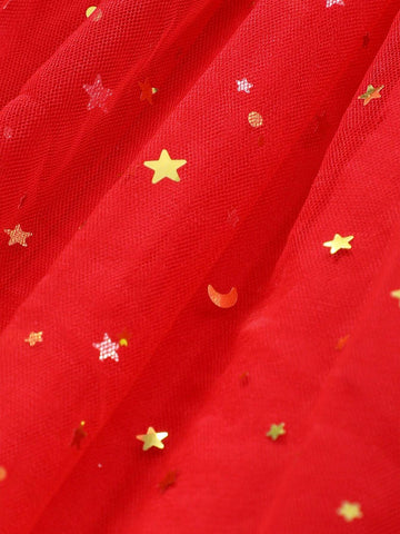 Young Girl' Cap Sleeve Heart Print Bow Decor Mesh Cute Dress