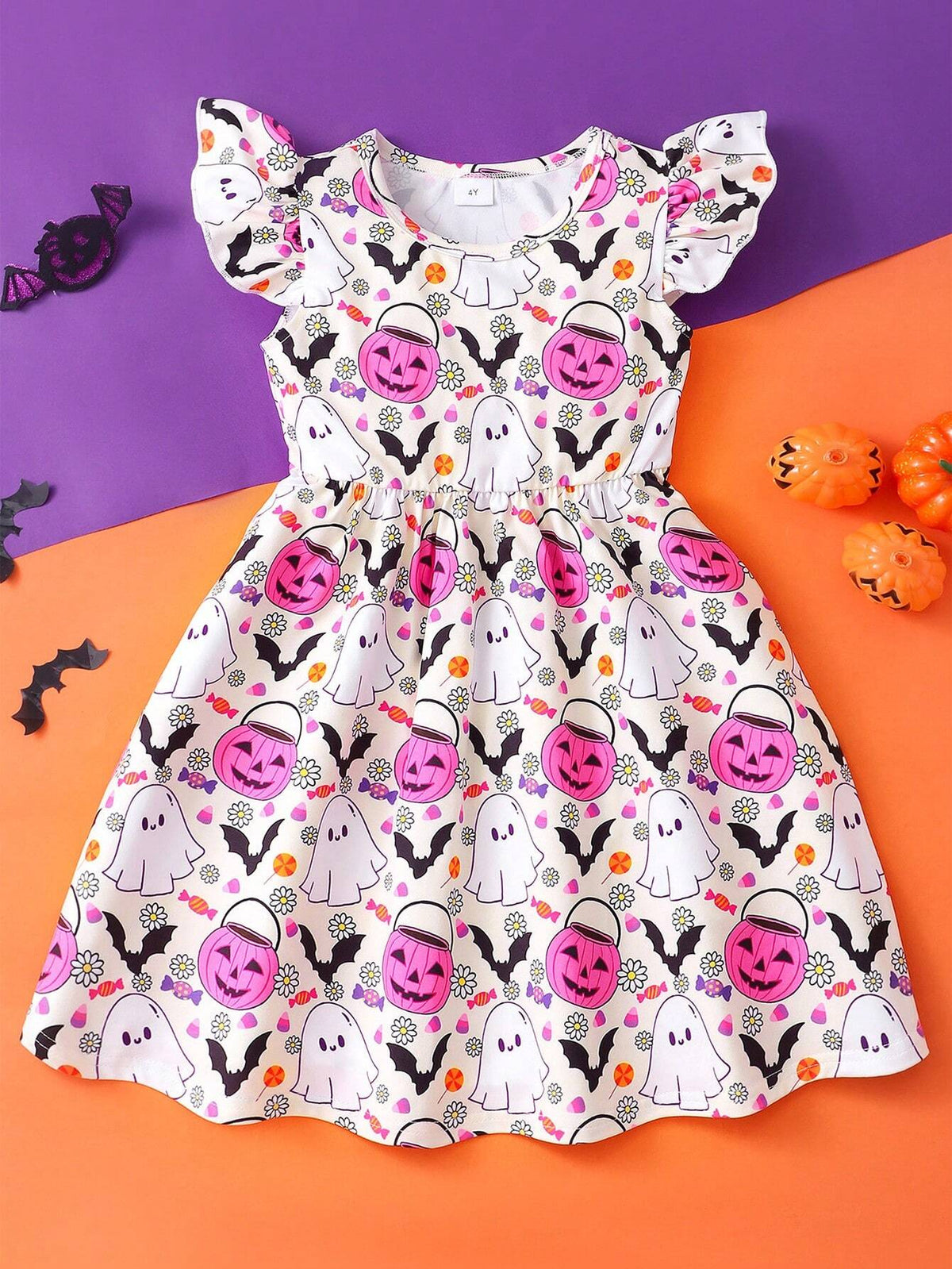 Young Girl Cap Sleeve Pumpkin Print Casual Dress