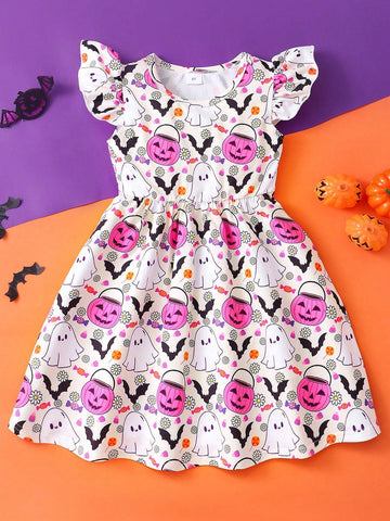 Young Girl Cap Sleeve Pumpkin Print Casual Dress