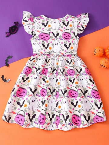Young Girl Cap Sleeve Pumpkin Print Casual Dress