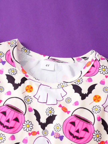Young Girl Cap Sleeve Pumpkin Print Casual Dress