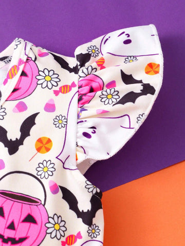 Young Girl Cap Sleeve Pumpkin Print Casual Dress