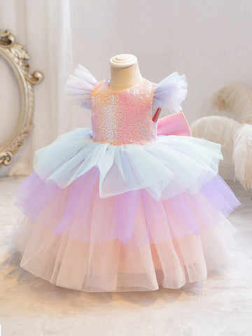 Young Girl Cap Sleeve Sequin Mesh Splice Bow Princess Cake Tulle Dress, Suitable For Birthday Party, Halloween Cosplay, Masquerade Ball, Flower Girl Wedding, Stage Performance