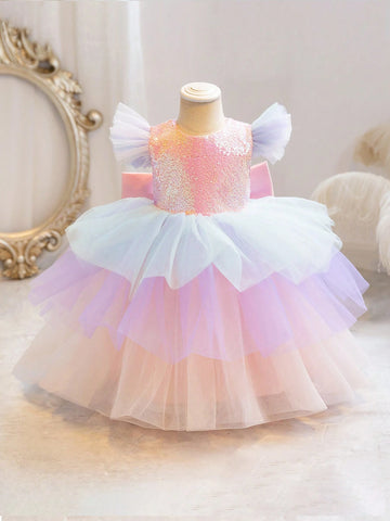 Young Girl Cap Sleeve Sequin Mesh Splice Bow Princess Cake Tulle Dress, Suitable For Birthday Party, Halloween Cosplay, Masquerade Ball, Flower Girl Wedding, Stage Performance