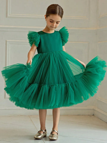 Young Girl Cap Sleeve Tulle Princess Dress, Suitable For Birthday Party, Christmas, Cocktail Party, Flower Girl, Wedding, Festival Celebration, School Stage Performance