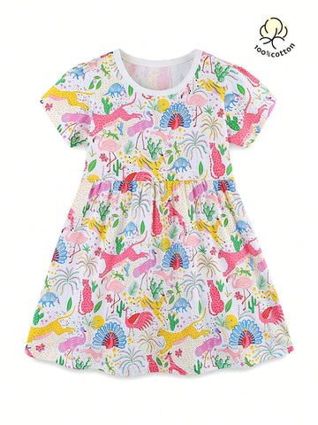 Young Girl Cartoon Animal Pattern Random Print Round Neck Comfortable Casual Princess Dress