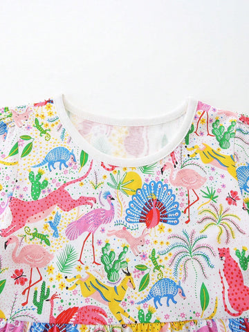 Young Girl Cartoon Animal Pattern Random Print Round Neck Comfortable Casual Princess Dress