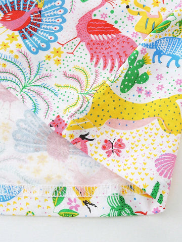 Young Girl Cartoon Animal Pattern Random Print Round Neck Comfortable Casual Princess Dress