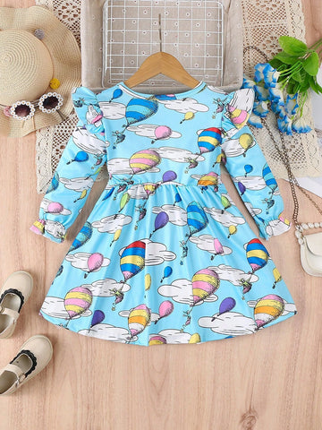 Young Girl' Cartoon Balloon Allover Print Cap Sleeve Round Neck Cinched Waist Long Sleeve Dress, For Spring & Autumn