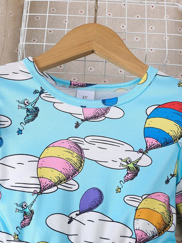 Young Girl' Cartoon Balloon Allover Print Cap Sleeve Round Neck Cinched Waist Long Sleeve Dress, For Spring & Autumn